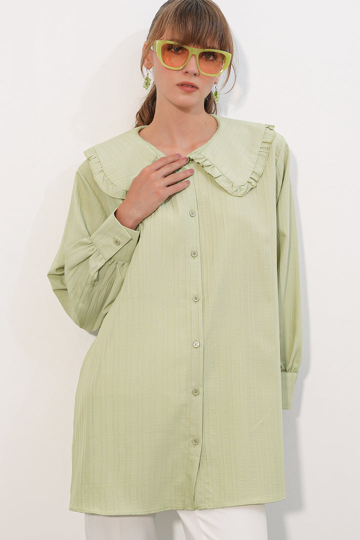 Bigdart Tunique chemise à rayures avec détails volants et col large pour femme 5993 - Vert