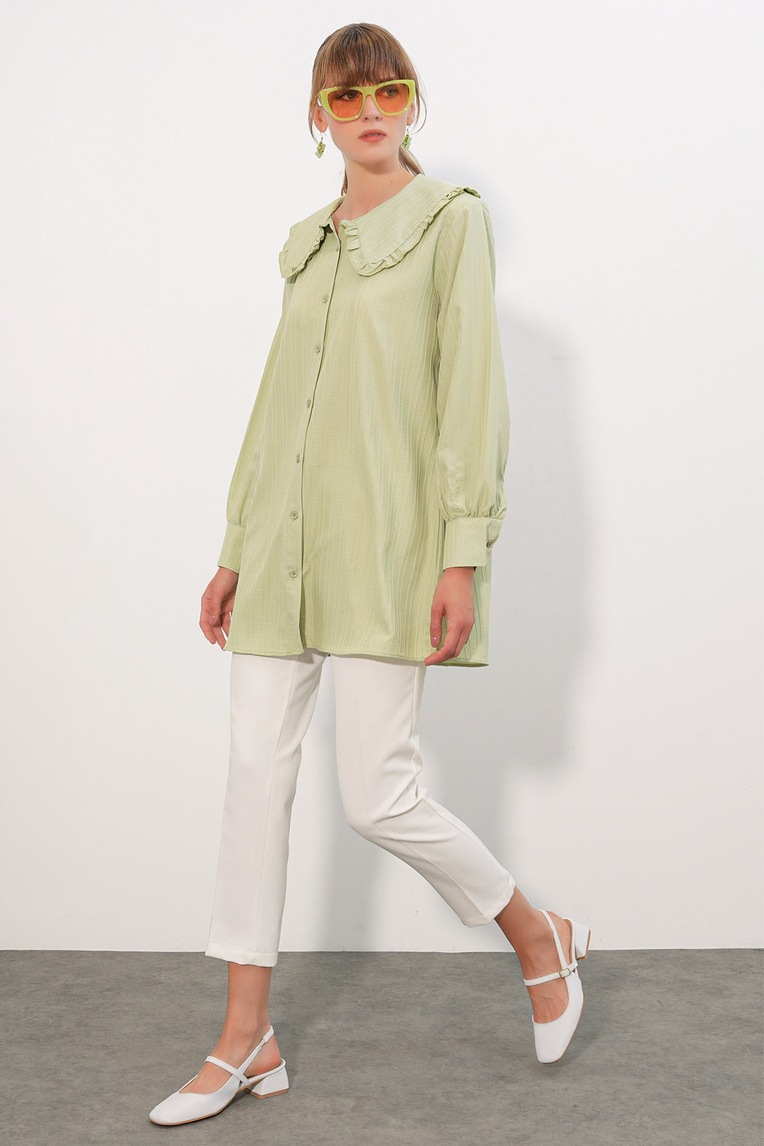 Bigdart Tunique chemise à rayures avec détails volants et col large pour femme 5993 - Vert