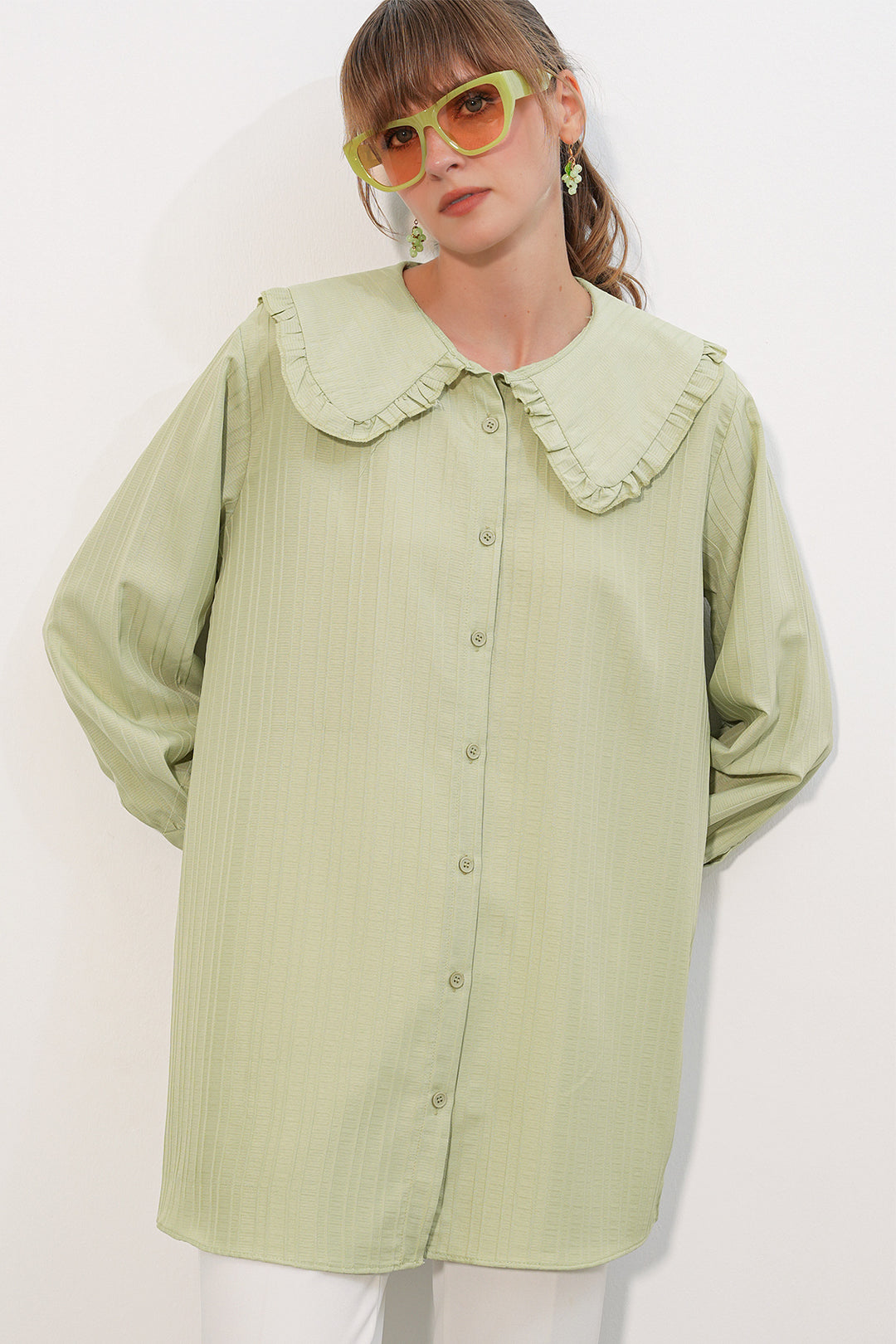 Bigdart Tunique chemise à rayures avec détails volants et col large pour femme 5993 - Vert