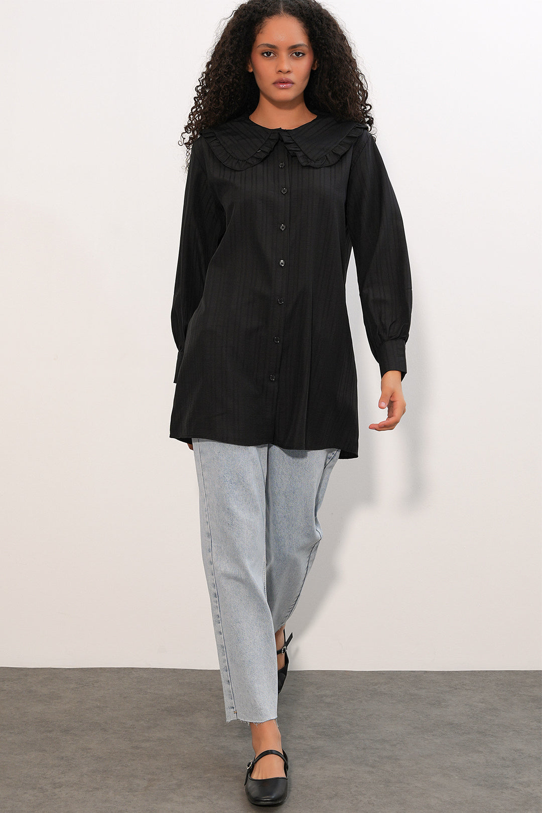 Bigdart Chemisier Tunique Femme à Rayures à Col Large 5993 - Noir