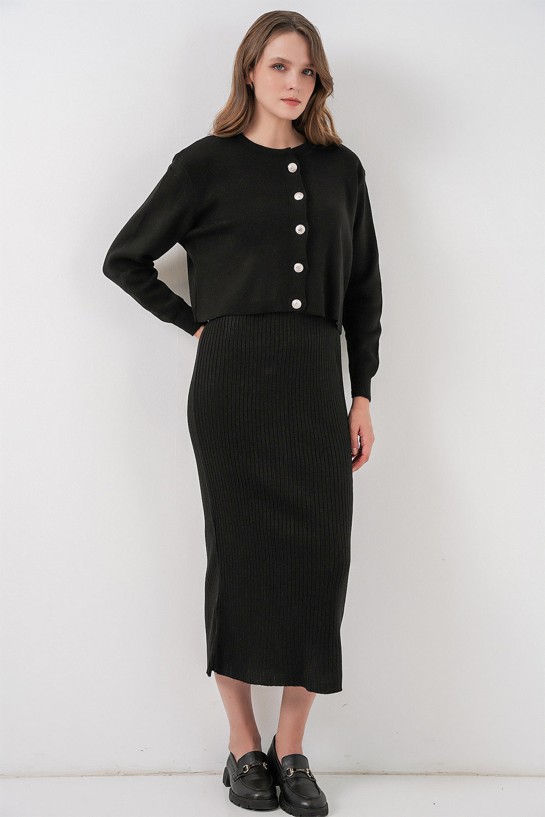Bigdart Ensemble Tricot Robe Cardigan pour Femmes 15960 - Noir