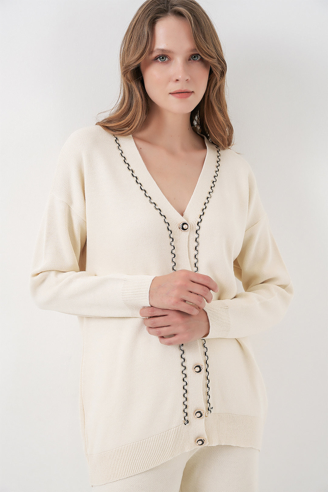 Bigdart Ensemble Tricot Cardigan et Pantalon pour Femmes 15956 - Écru