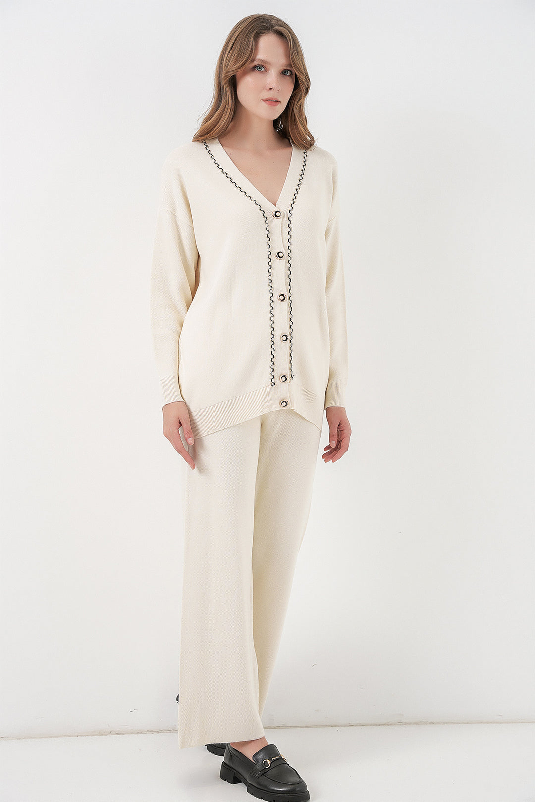 Bigdart Ensemble Tricot Cardigan et Pantalon pour Femmes 15956 - Écru