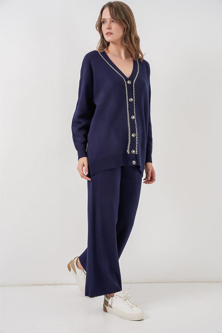 Bigdart Ensemble Tricot Cardigan et Pantalon pour Femmes 15956 - Bleu marine