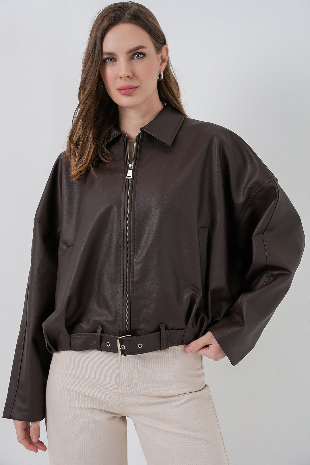 Bigdart Veste en Cuir avec Détail Ceinture 1056 - Marron
