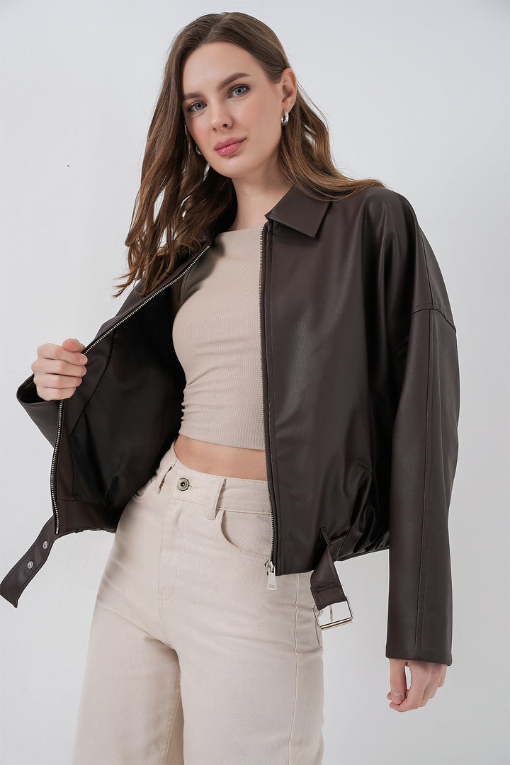 Bigdart Veste en Cuir avec Détail Ceinture 1056 - Marron