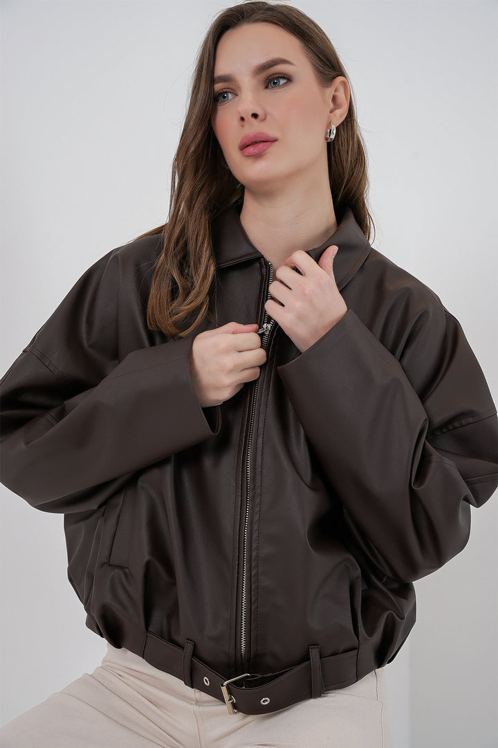 Bigdart Veste en Cuir avec Détail Ceinture 1056 - Marron