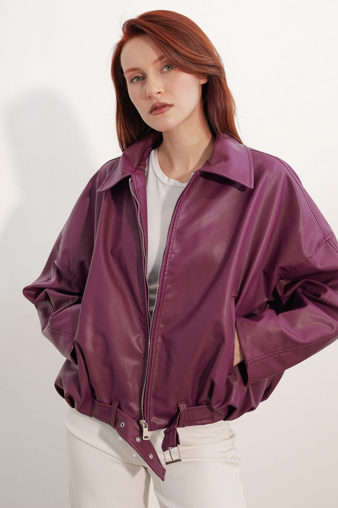 Bigdart Veste en cuir à détails de ceinture pour femme 1056 - Prune