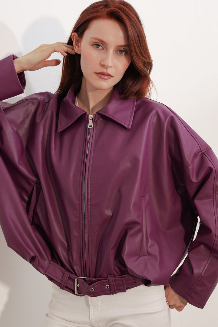 Bigdart Veste en cuir à détails de ceinture pour femme 1056 - Prune