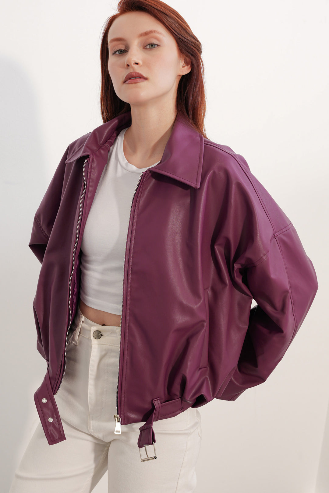 Bigdart Veste en cuir à détails de ceinture pour femme 1056 - Prune