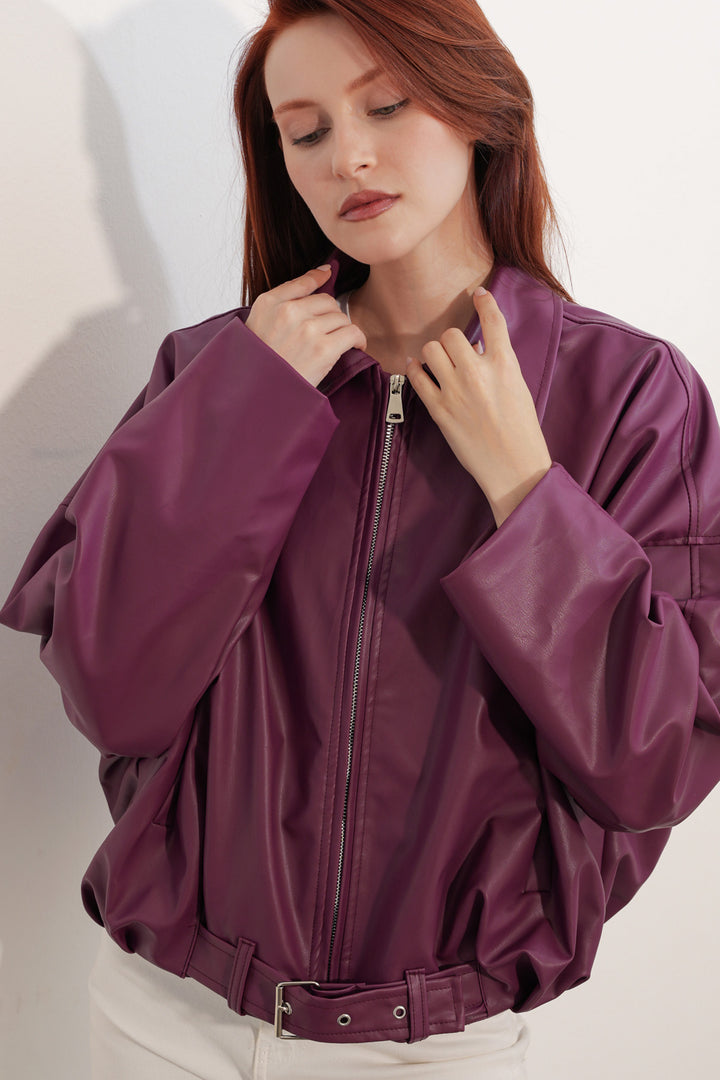 Bigdart Veste en cuir à détails de ceinture pour femme 1056 - Prune
