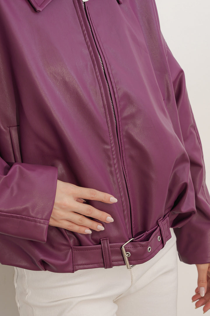 Bigdart Veste en cuir à détails de ceinture pour femme 1056 - Prune