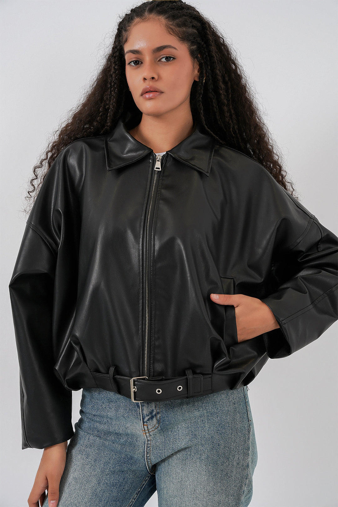 Bigdart Veste en cuir avec détail de ceinture pour femme 1056 - Noir
