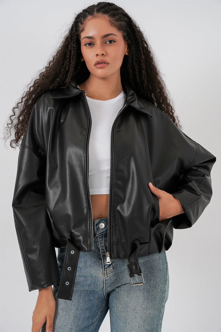 Bigdart Veste en cuir avec détail ceinture pour femme 1056 - Noir