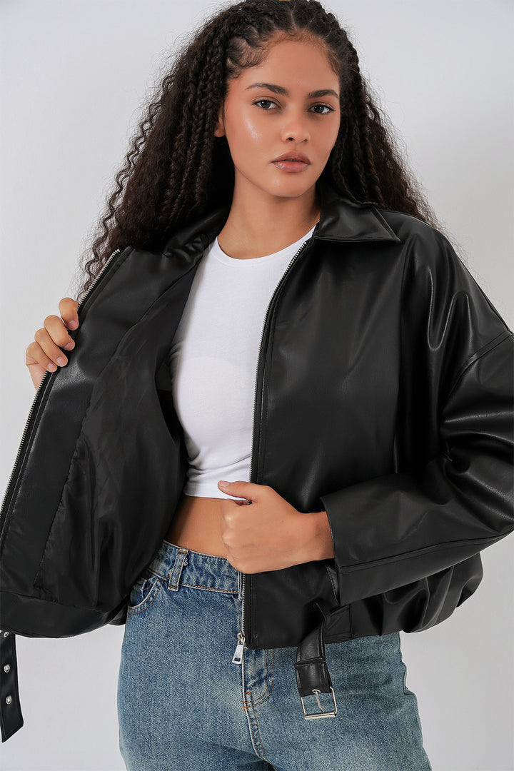 Bigdart Veste en Cuir avec Détail de Ceinture 1056 - Noir