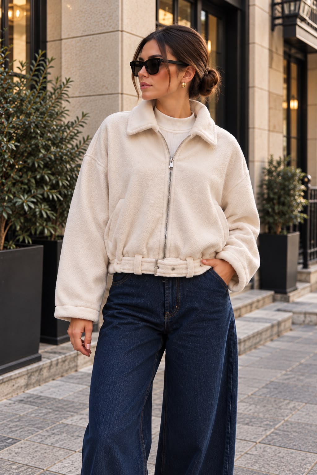 Bigdart Veste zippée avec ceinture pour femme 0784 - Crème