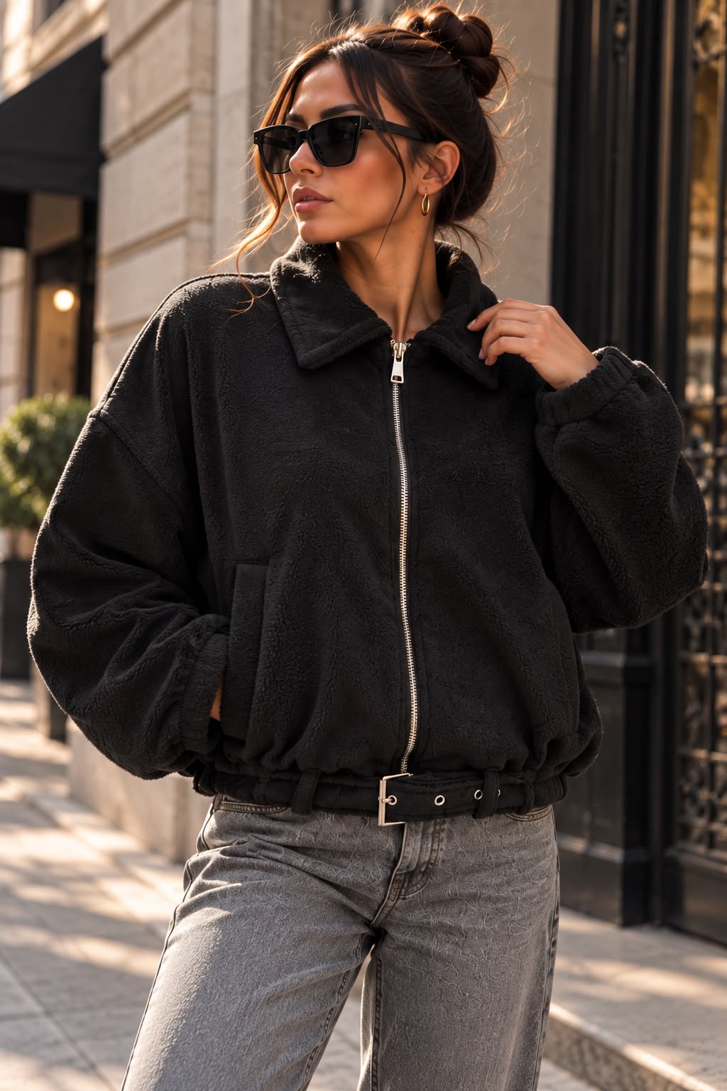Bigdart Women's belted zip-up jacket 0784 - Black