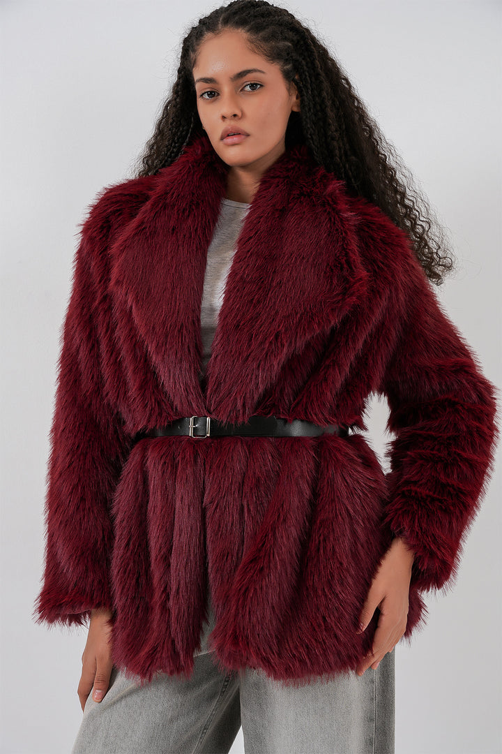 Bigdart Manteau long oversize en fausse fourrure ceinturé pour femme 9156 - Bordeaux