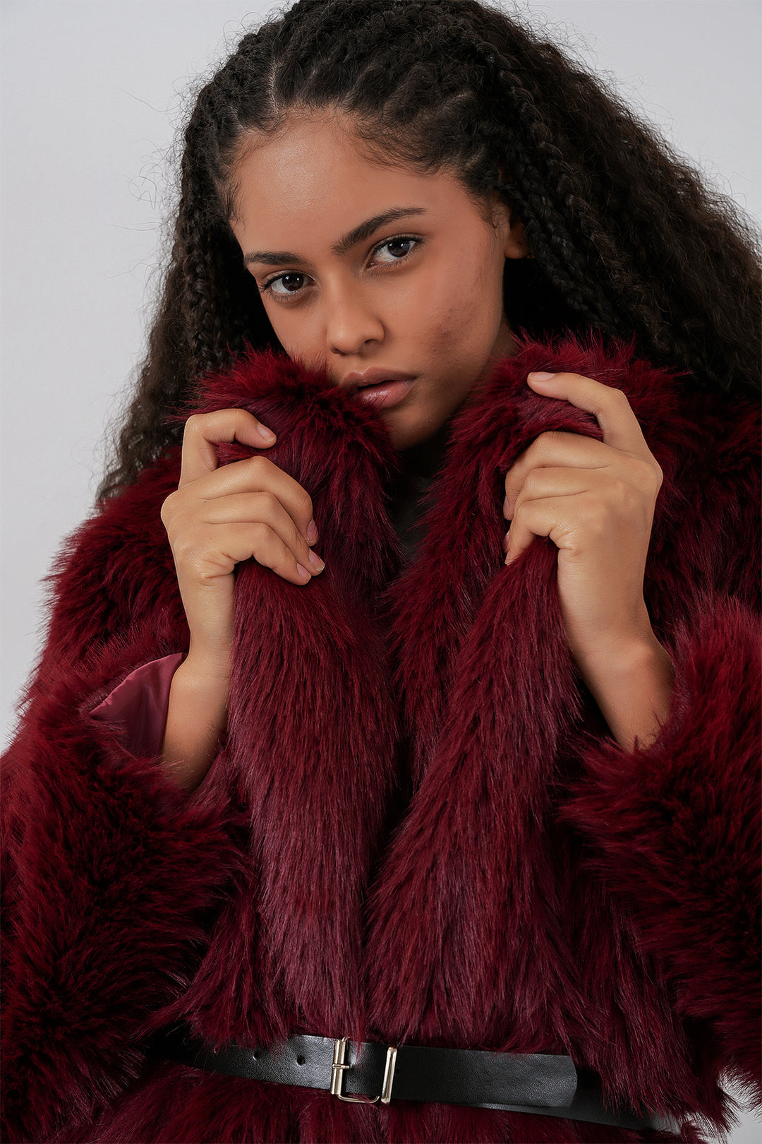 Bigdart Manteau long oversize en fausse fourrure ceinturé pour femme 9156 - Bordeaux