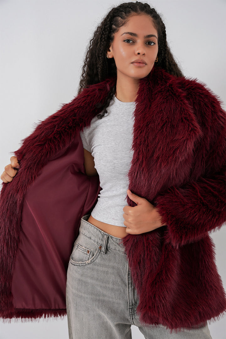 Bigdart Manteau long oversize en fausse fourrure ceinturé pour femme 9156 - Bordeaux