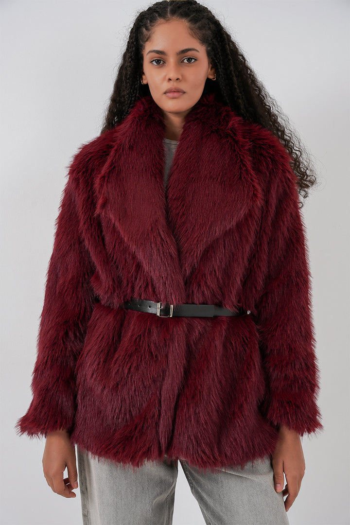 Bigdart Manteau long oversize en fausse fourrure ceinturé pour femme 9156 - Bordeaux