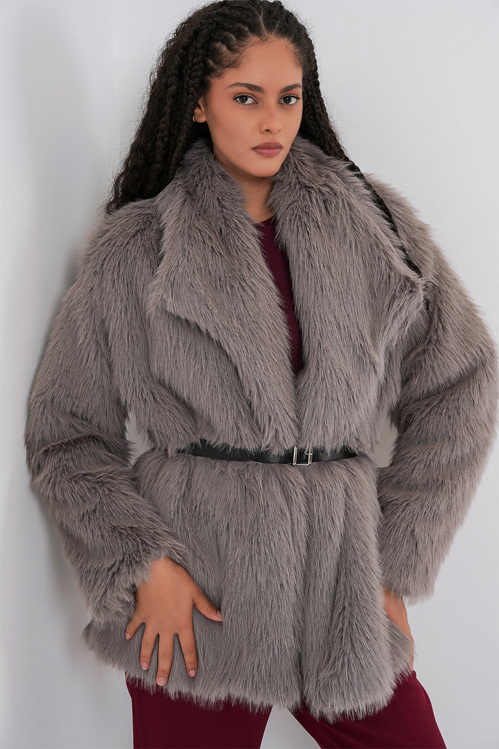 Bigdart Manteau Oversize à Ceinture et Fourrure Femme 9156 - füme