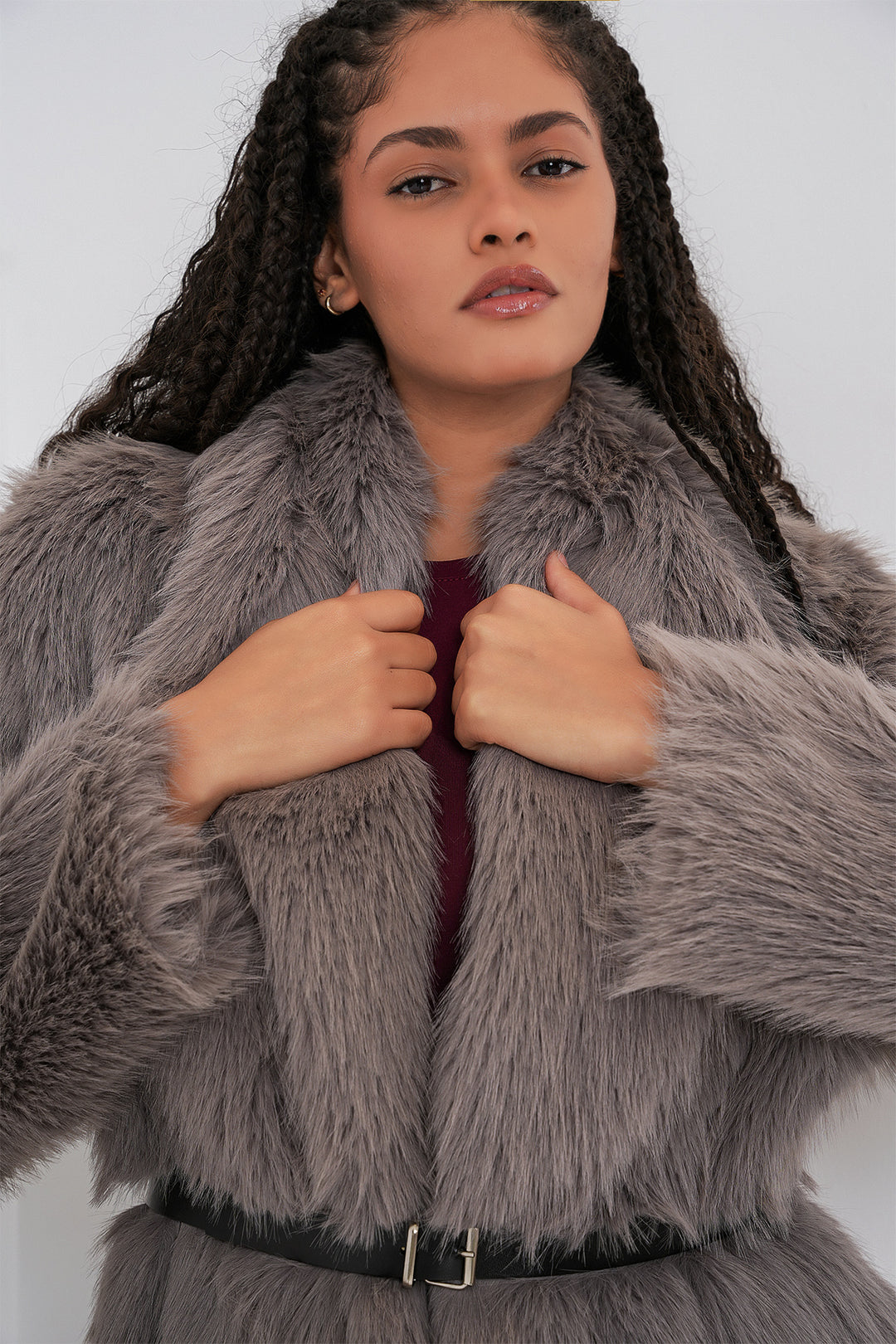 Bigdart Manteau Oversize à Ceinture et Fourrure Femme 9156 - füme