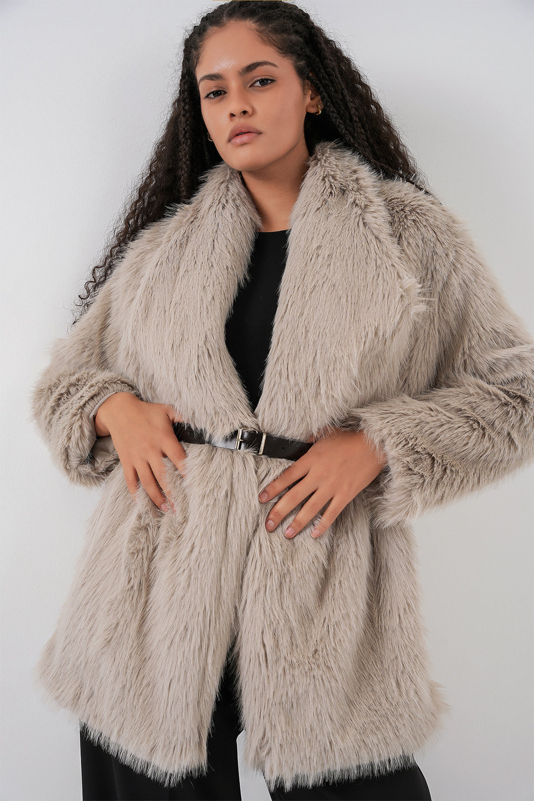 Bigdart Manteau long oversize en fausse fourrure ceinturé pour femme 9156 - Pierre