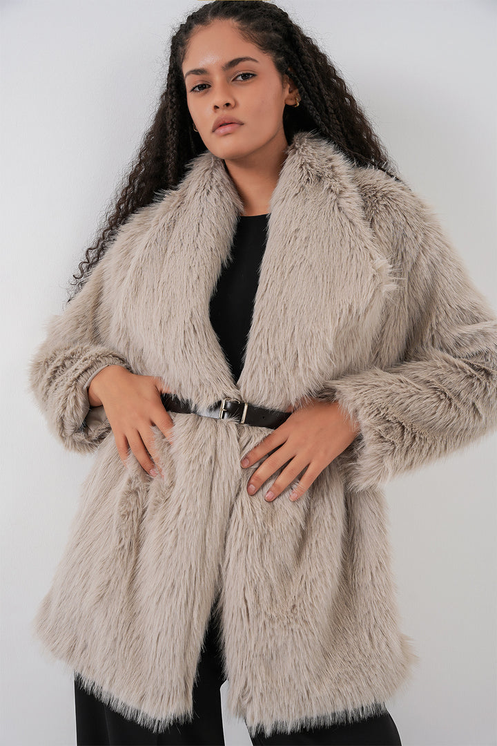Bigdart Manteau long oversize en fausse fourrure ceinturé pour femme 9156 - Pierre