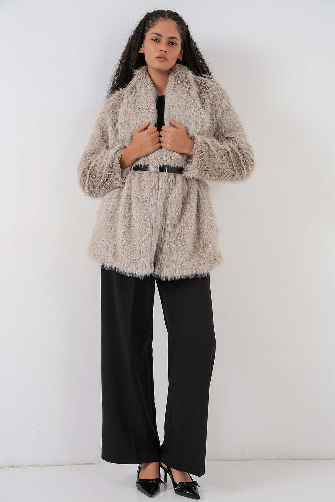 Bigdart Manteau long oversize en fausse fourrure ceinturé pour femme 9156 - Pierre