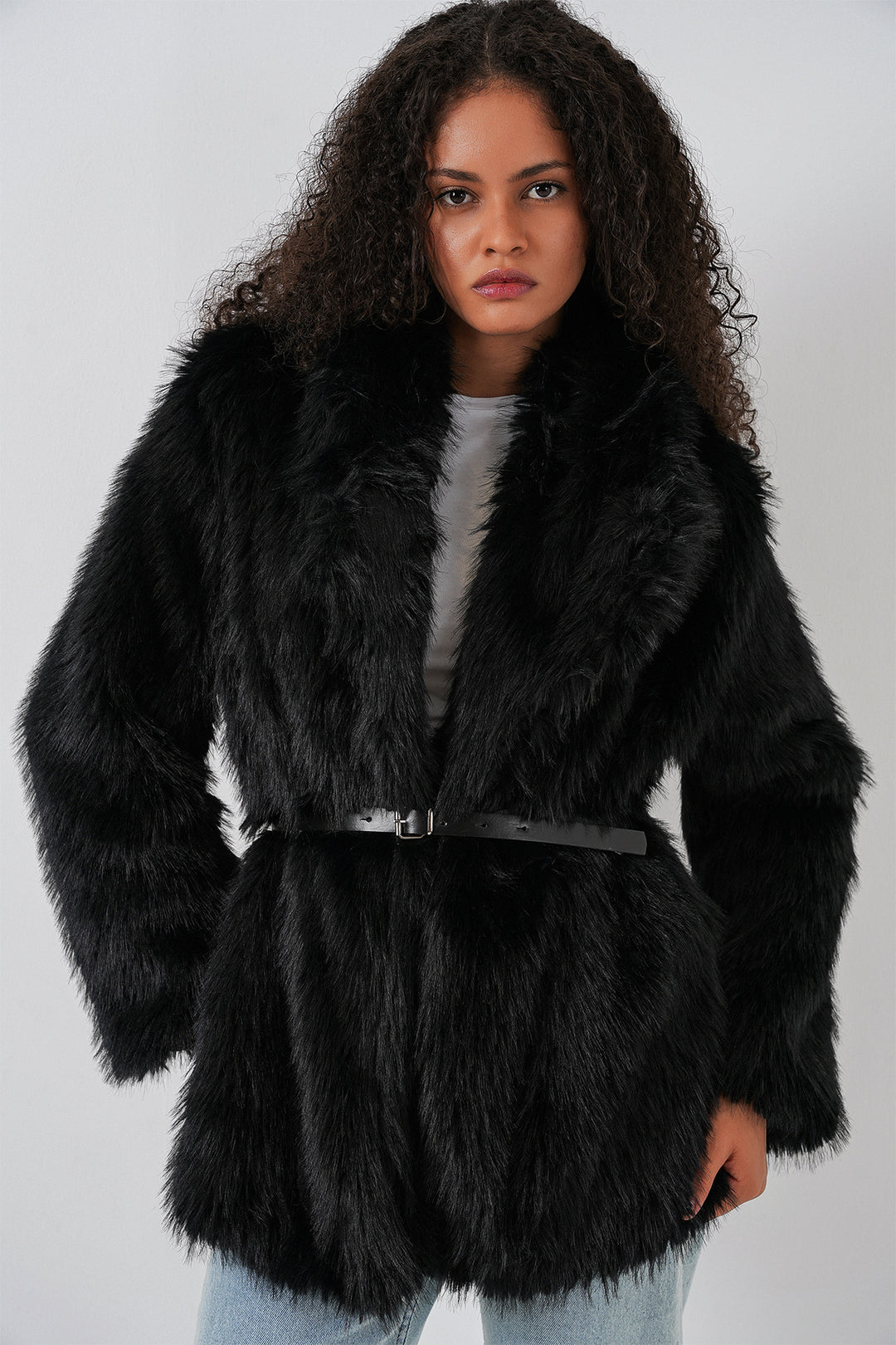 Bigdart Manteau oversize avec ceinture et fourrure pour femmes 9156 - Noir