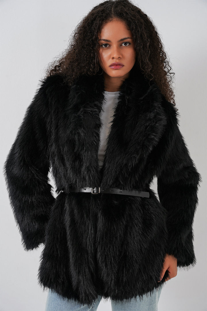 Bigdart Manteau oversize avec ceinture et fourrure pour femmes 9156 - Noir