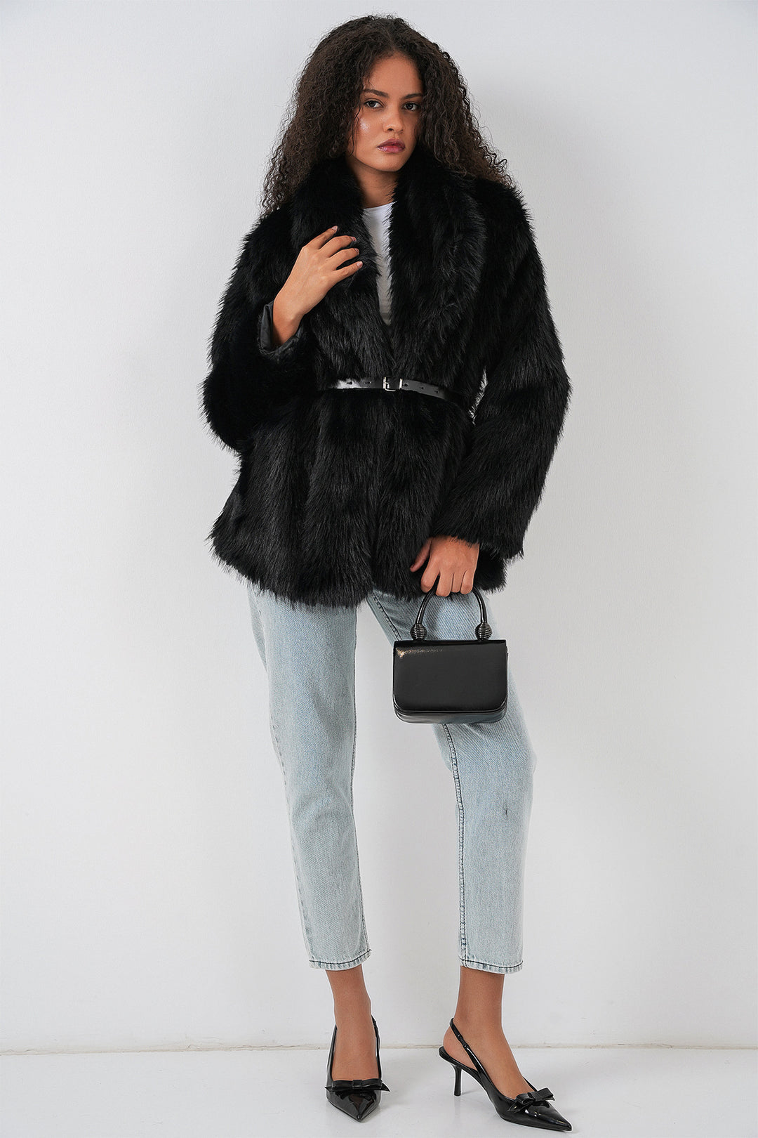 Bigdart Manteau oversize avec ceinture et fourrure pour femmes 9156 - Noir