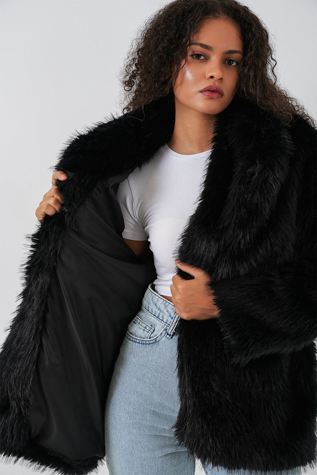 Bigdart Manteau oversize avec ceinture et fourrure pour femmes 9156 - Noir