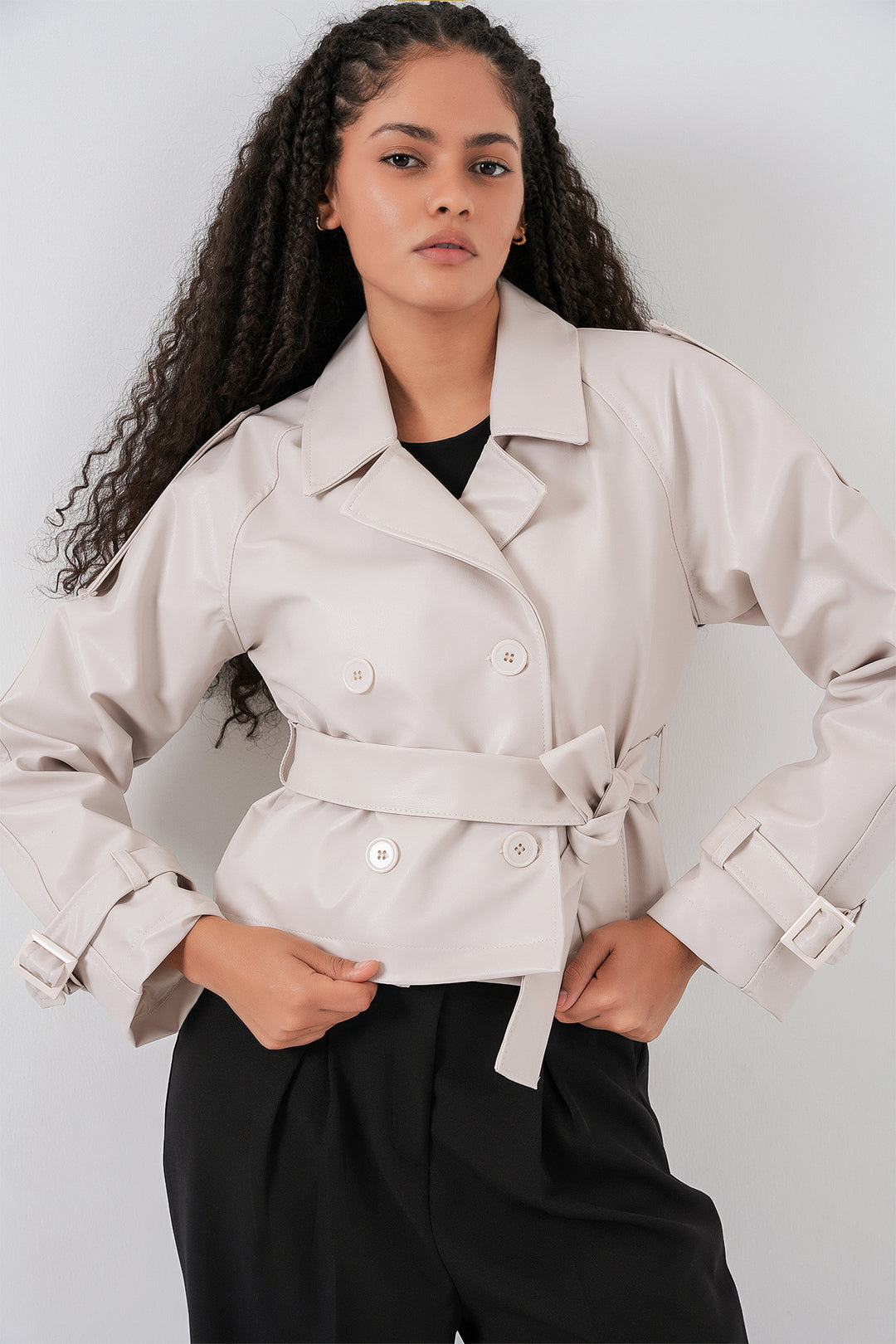 Bigdart Veste en simili cuir ceinturée pour femme 1046 - Écru