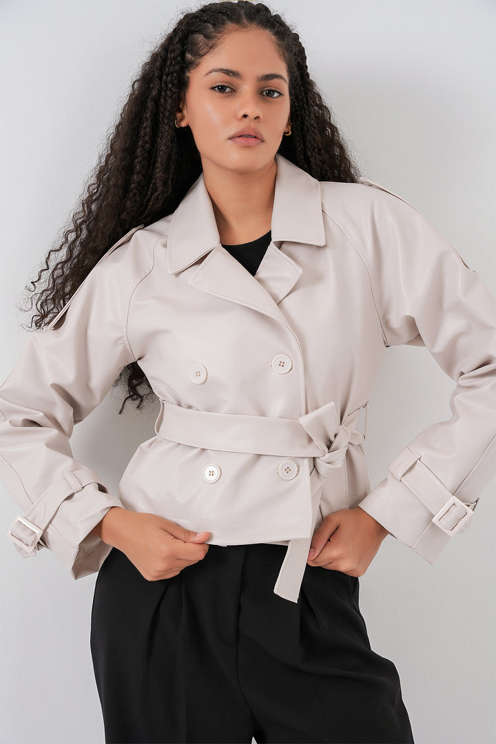 Bigdart Veste en simili cuir ceinturée pour femme 1046 - Écru