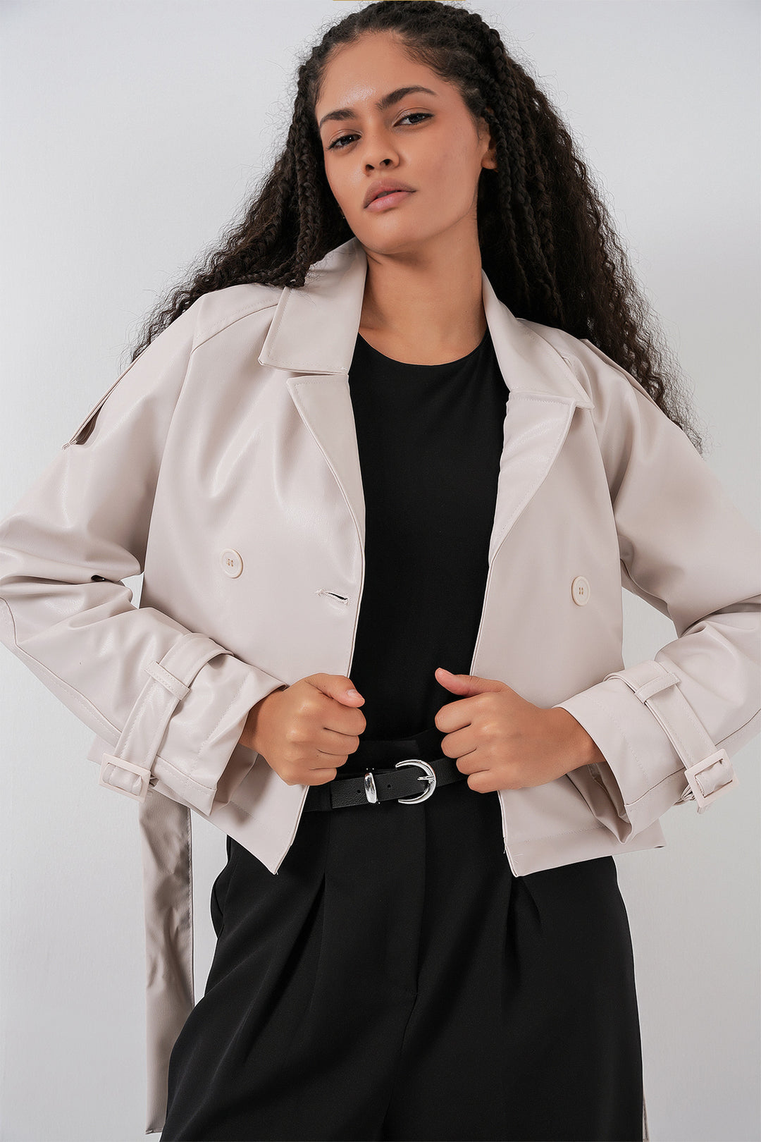 Bigdart Veste en simili cuir ceinturée pour femme 1046 - Écru