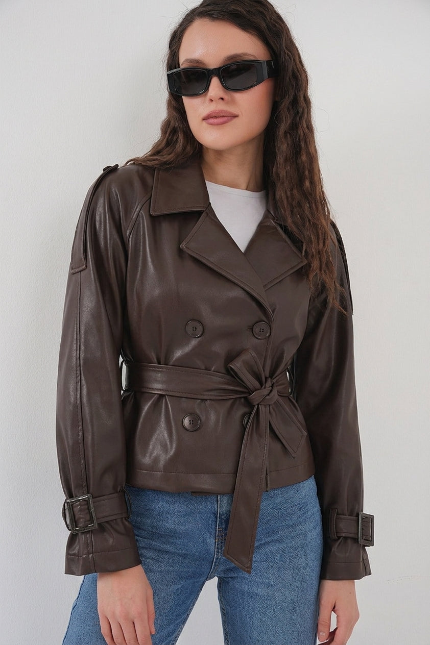 Bigdart Veste en simili cuir ceinturée pour femme 1046 - Marron