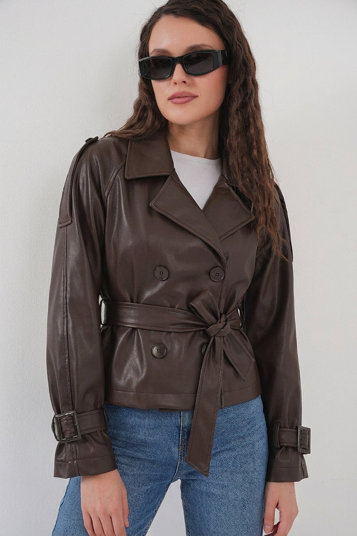 Bigdart Veste en simili cuir ceinturée pour femme 1046 - Marron