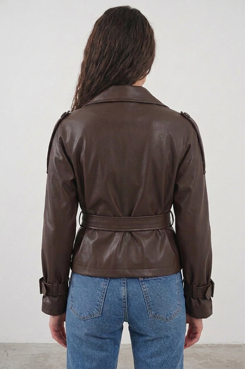 Bigdart Veste en simili cuir ceinturée pour femme 1046 - Marron