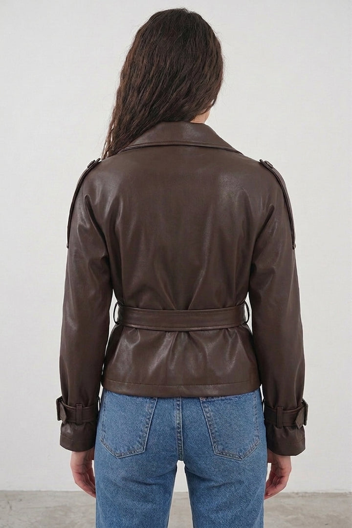 Bigdart Veste en simili cuir ceinturée pour femme 1046 - Marron