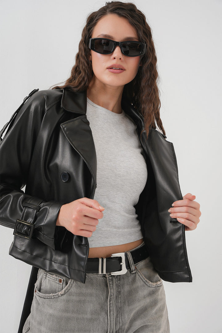 Bigdart Veste en simili cuir ceinturée pour femme 1046 - Noir