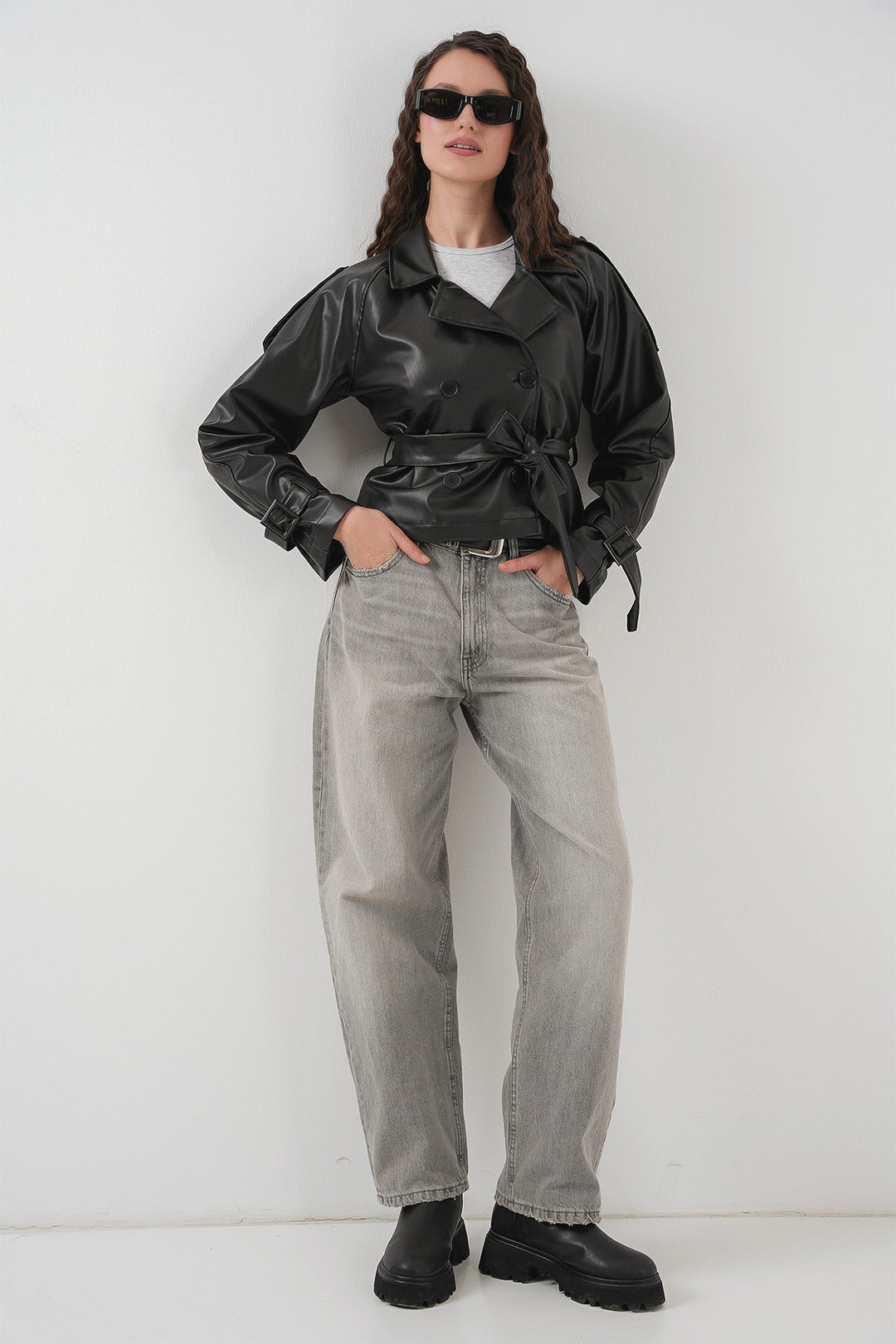 Bigdart Veste en simili cuir ceinturée pour femme 1046 - Noir