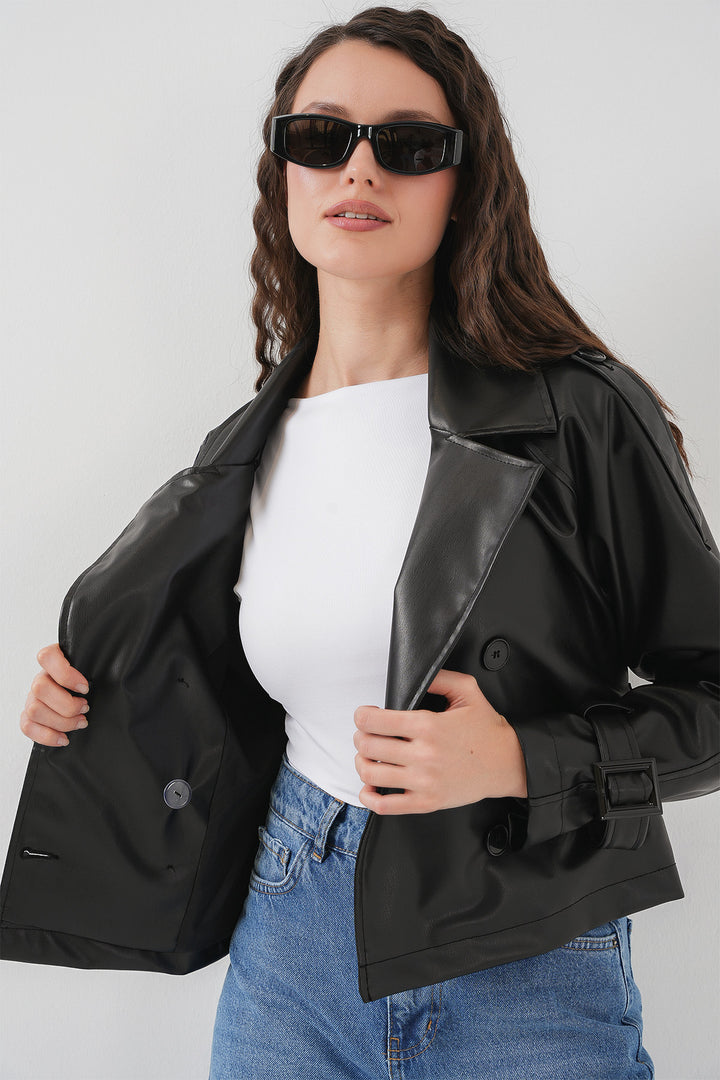 Bigdart Veste en simili cuir ceinturée pour femme 1046 - Noir