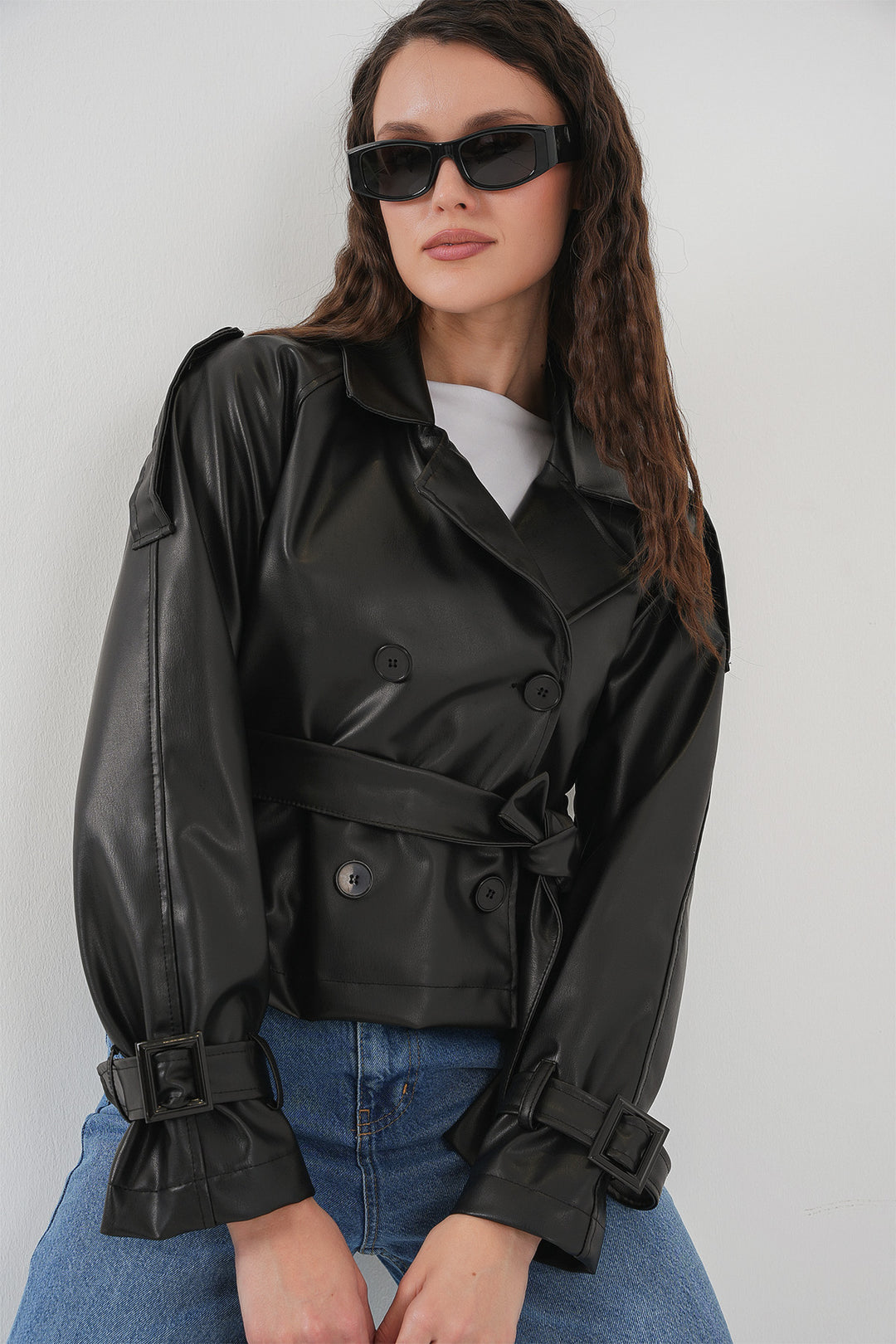 Bigdart Veste en simili cuir ceinturée pour femme 1046 - Noir