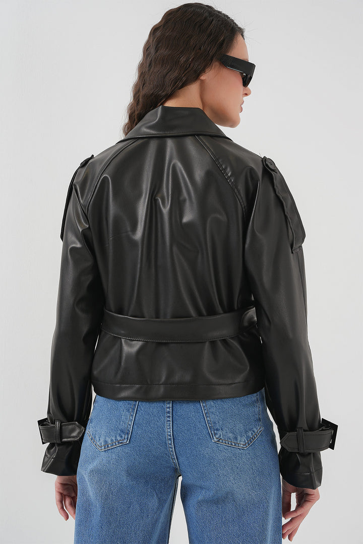 Bigdart Veste en simili cuir ceinturée pour femme 1046 - Noir