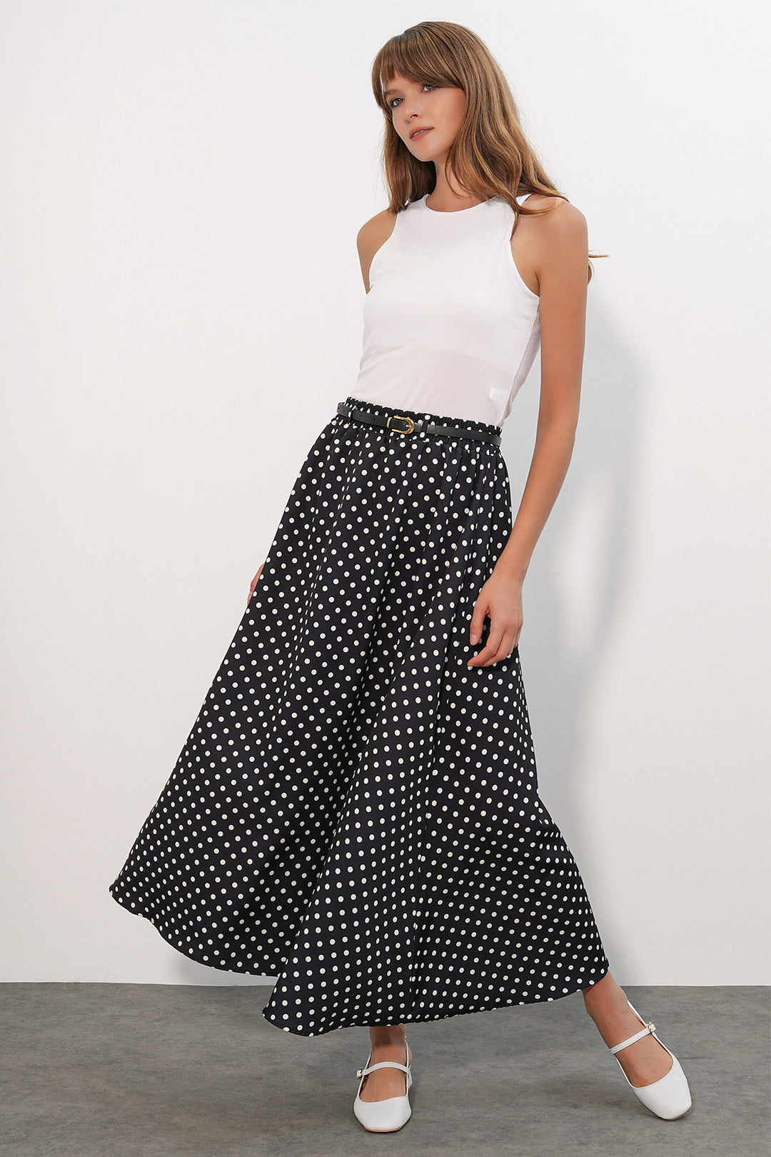 Bigdart Jupe longue à pois avec ceinture pour femme 8078 - Noir