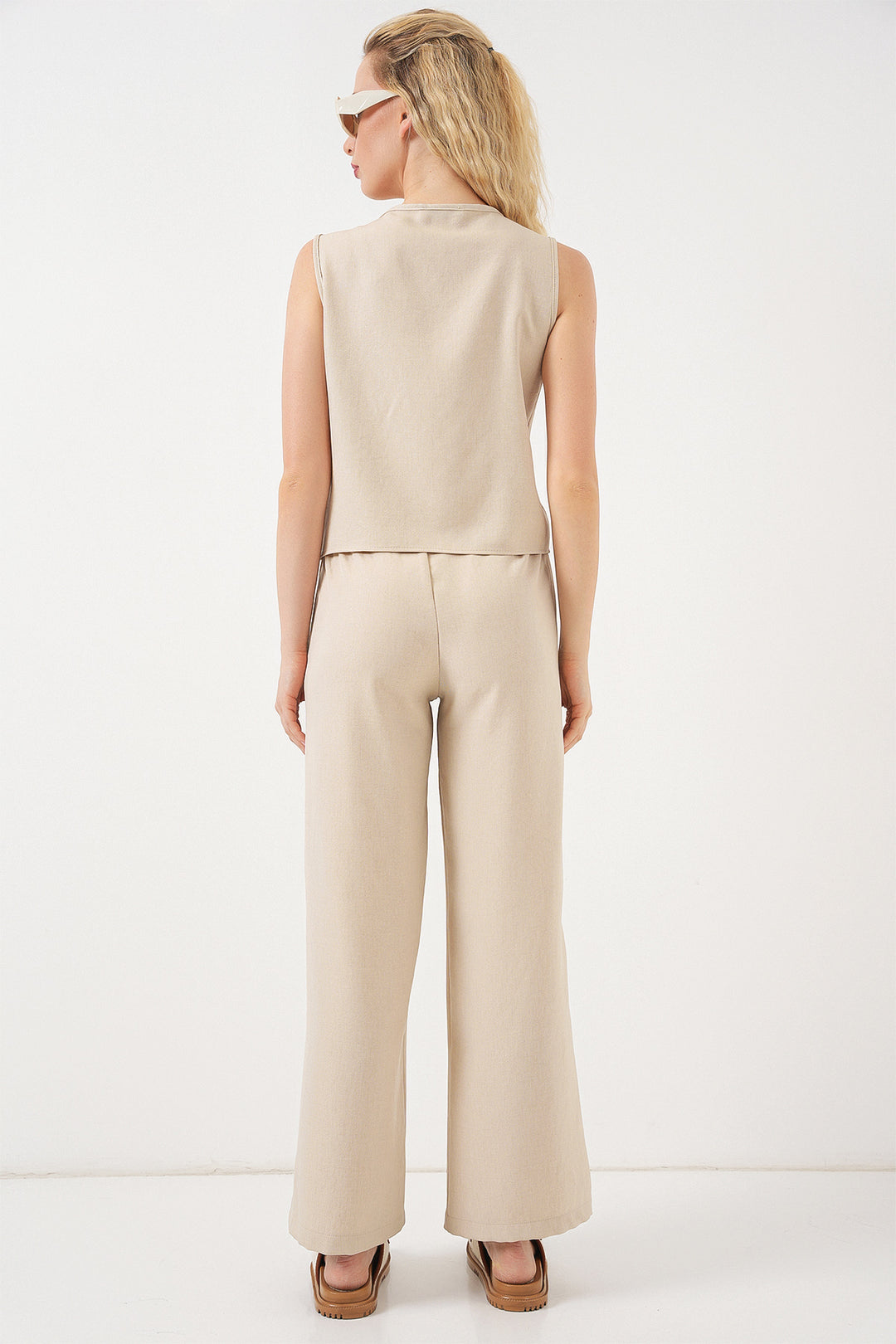 Bigdart Ensemble à deux pièces femme à effet lin sans manches 6746 - Beige