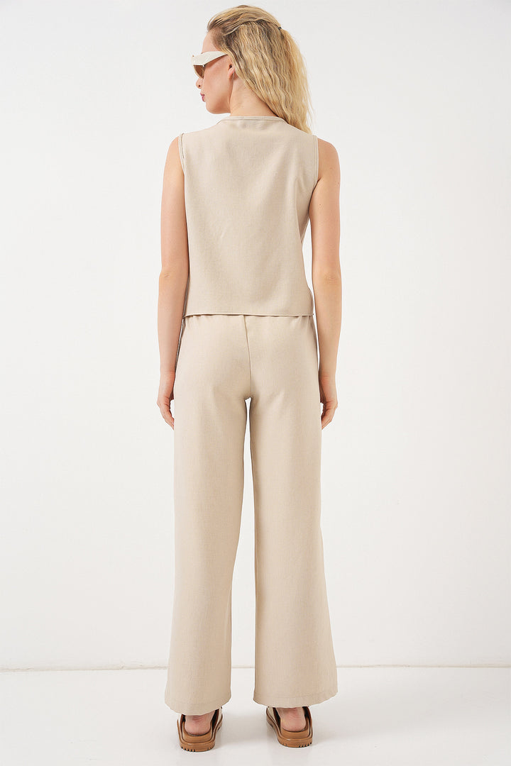 Bigdart Ensemble à deux pièces femme à effet lin sans manches 6746 - Beige