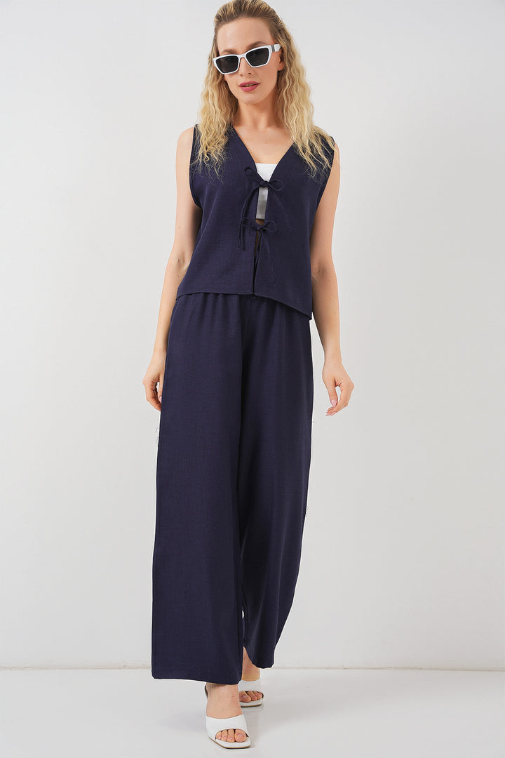 Bigdart Femme Ensemble à Deux Pièces en Lin Sans Manches 6746 - Bleu marine